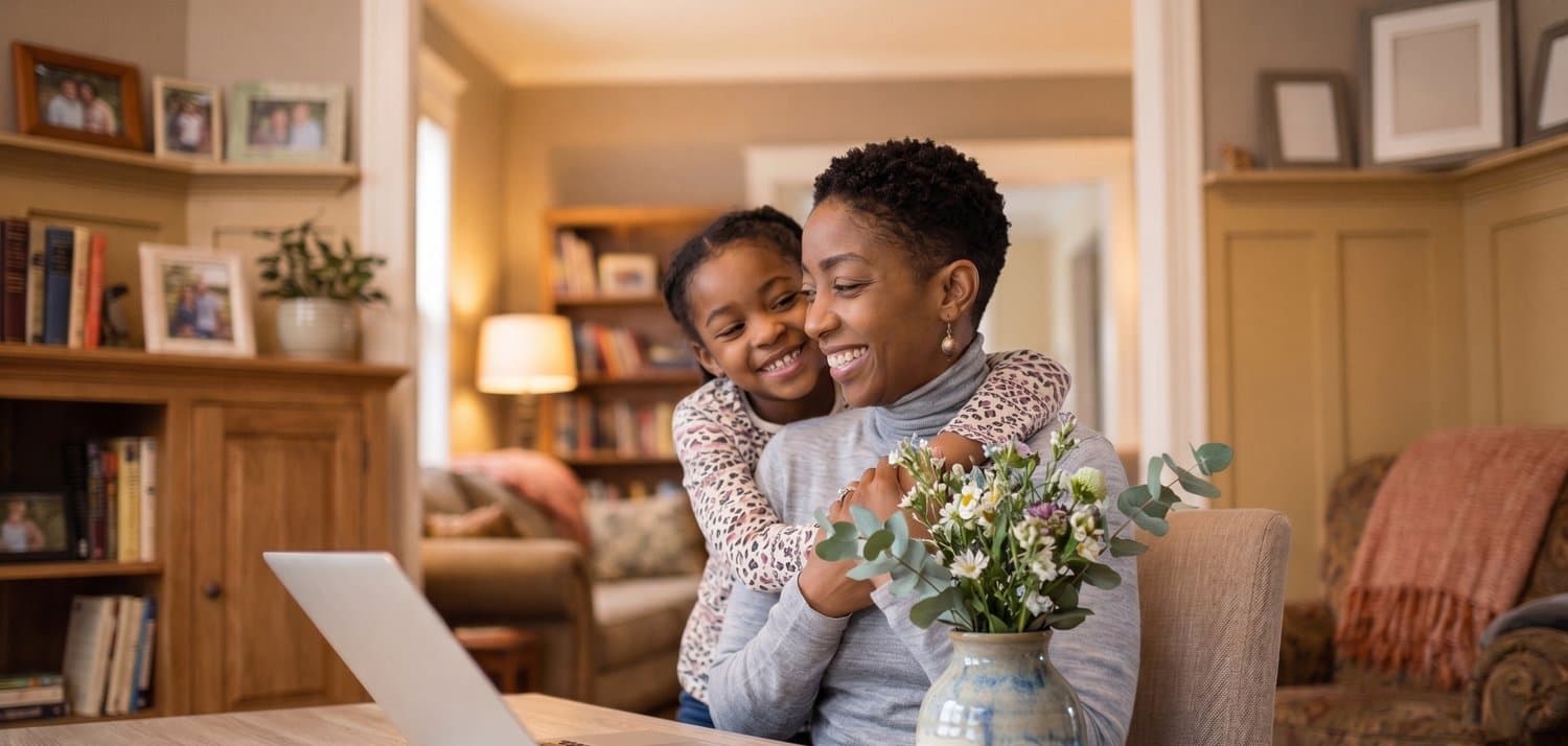 A parent and child at home together at a laptop